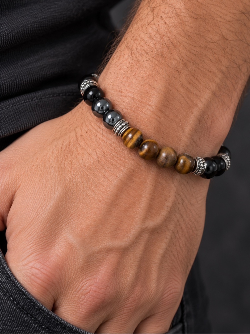 Beaded Bracelet with Tiger Eye and Black Stones NWT